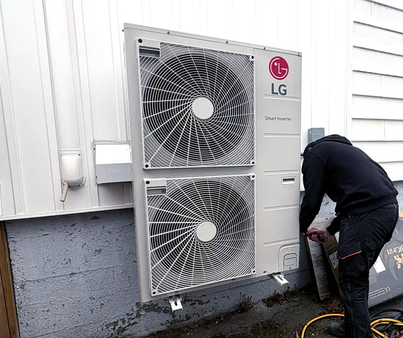 A Backman team member installing an outdoor heat pump unit.